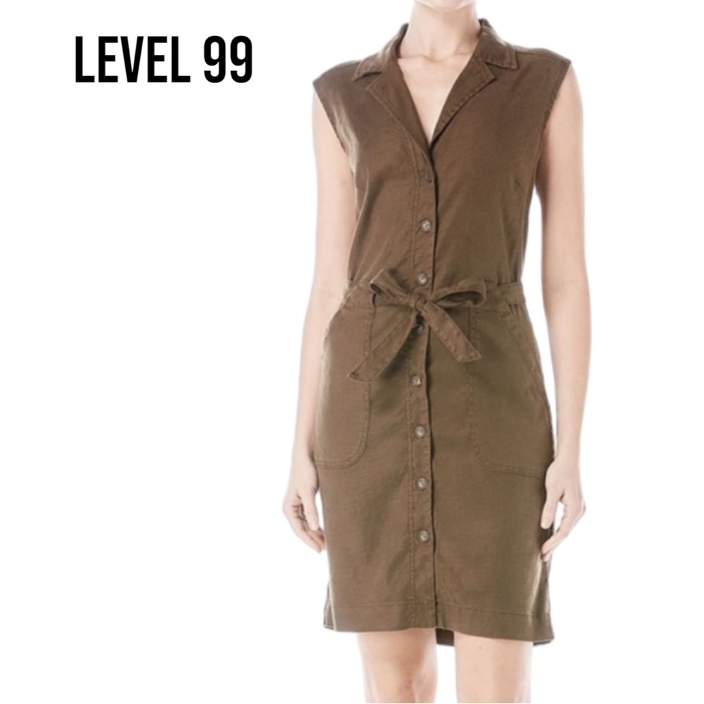Level 99 ARMY GREEN ADELINE DRESS Large WAIST TIE BELT w/ POCKETS Sleeveless EUC